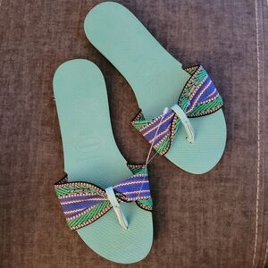Colorful Havaianas Women's Sandals YOU ST TROPEZ Green Dew / Stripe Size 9/10